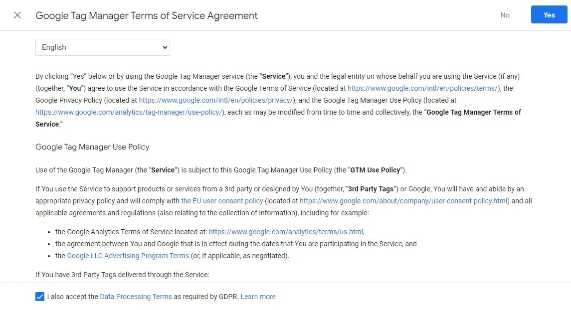 Google Tag Manager Terms of Service Agreement